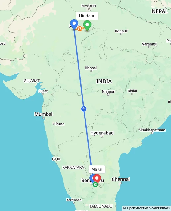 Route map showing distance and travel time from Hindaun, India to Malur, India