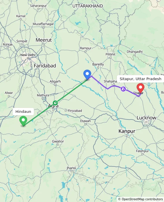 Route map showing distance and travel time from Hindaun, India to Sitapur, Uttar Pradesh, India