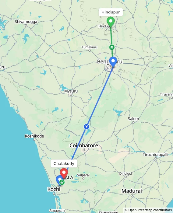 Route map showing distance and travel time from Hindupur, India to Chalakudy, India
