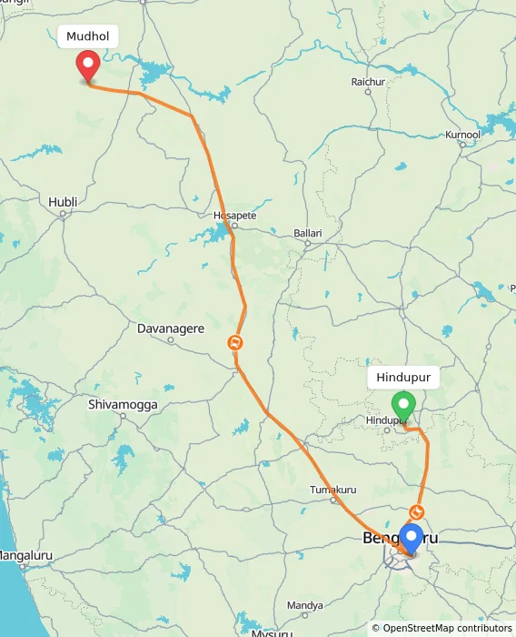 Route map showing distance and travel time from Hindupur, India to Mudhol, India