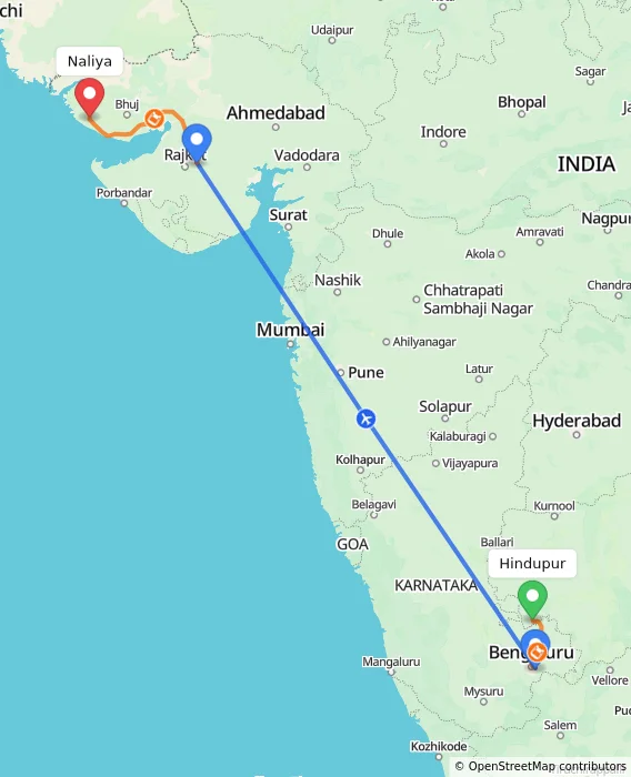 Route map showing distance and travel time from Hindupur, India to Naliya, India