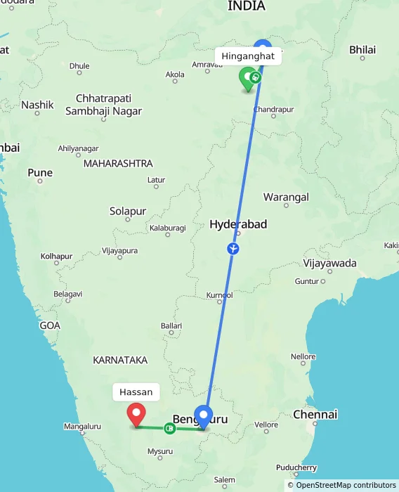 Route map showing distance and travel time from Hinganghat, India to Hassan, India