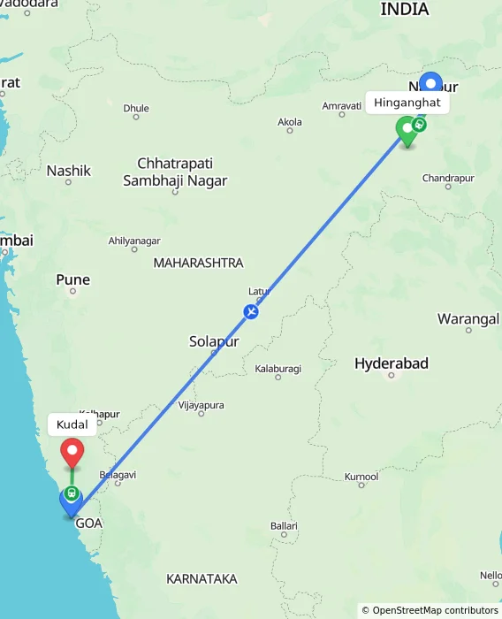 Route map showing distance and travel time from Hinganghat, India to Kudal, India