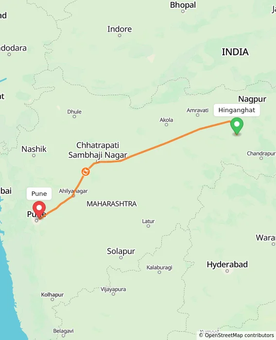 Route map showing distance and travel time from Hinganghat, India to Pune, India