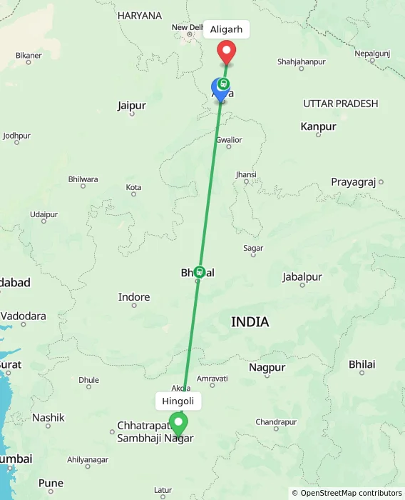 Route map showing distance and travel time from Hingoli, India to Aligarh, India