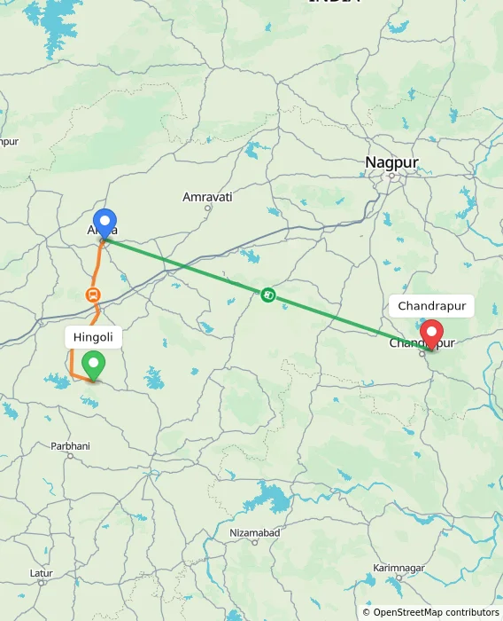Route map showing distance and travel time from Hingoli, India to Chandrapur, India