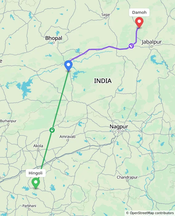 Route map showing distance and travel time from Hingoli, India to Damoh, India