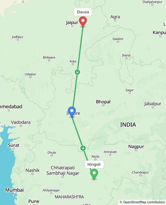 Route map showing distance and travel time from Hingoli, India to Dausa, India