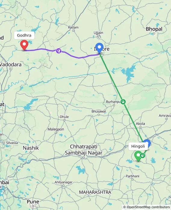 Route map showing distance and travel time from Hingoli, India to Godhra, India