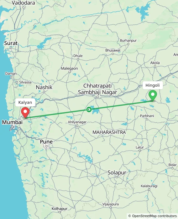 Route map showing distance and travel time from Hingoli, India to Kalyan, India