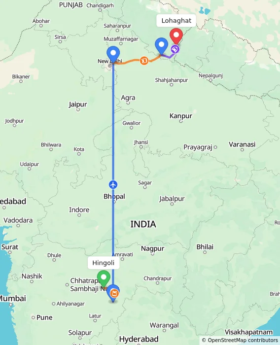 Route map showing distance and travel time from Hingoli, India to Lohaghat, India