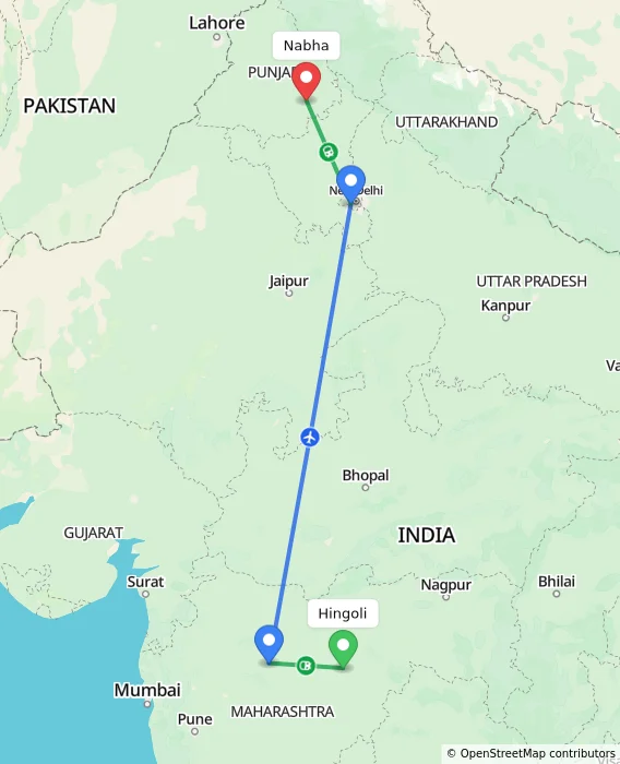 Route map showing distance and travel time from Hingoli, India to Nabha, India