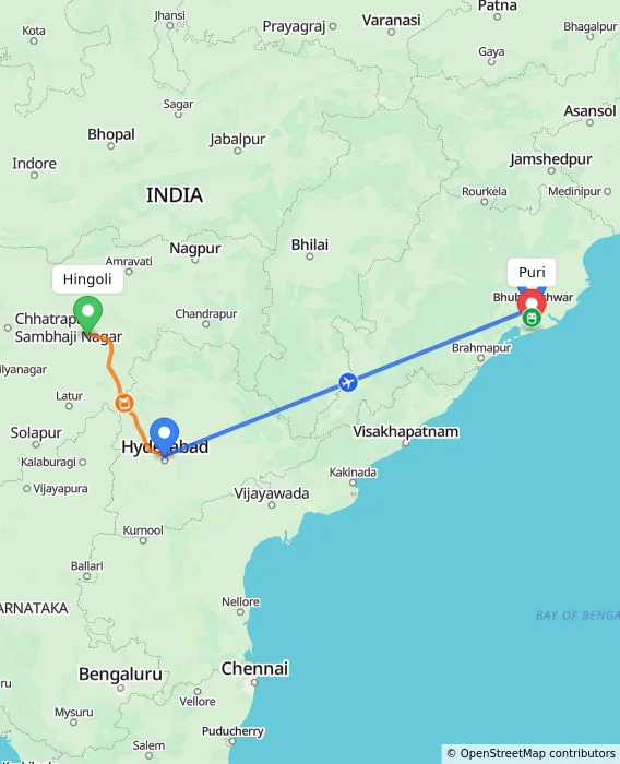 Route map showing distance and travel time from Hingoli, India to Puri, India