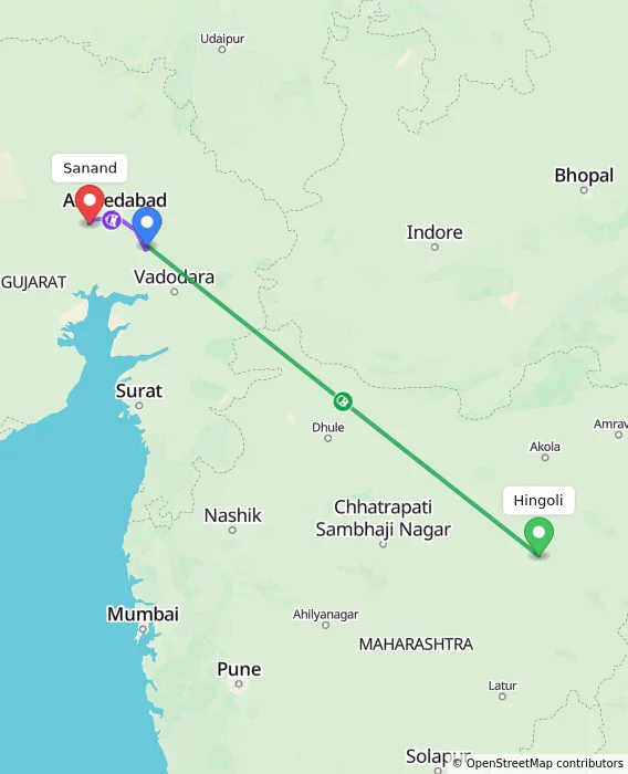 Route map showing distance and travel time from Hingoli, India to Sanand, India