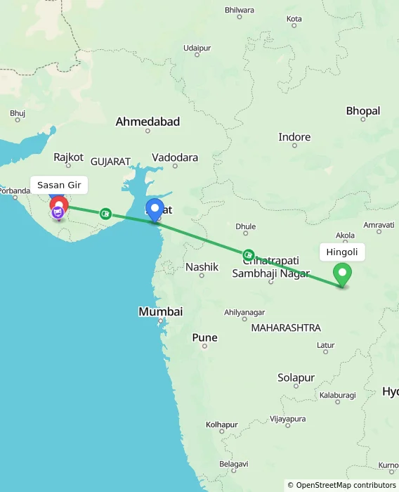 Route map showing distance and travel time from Hingoli, India to Sasan Gir, India