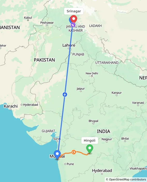 Route map showing distance and travel time from Hingoli, India to Srinagar, India