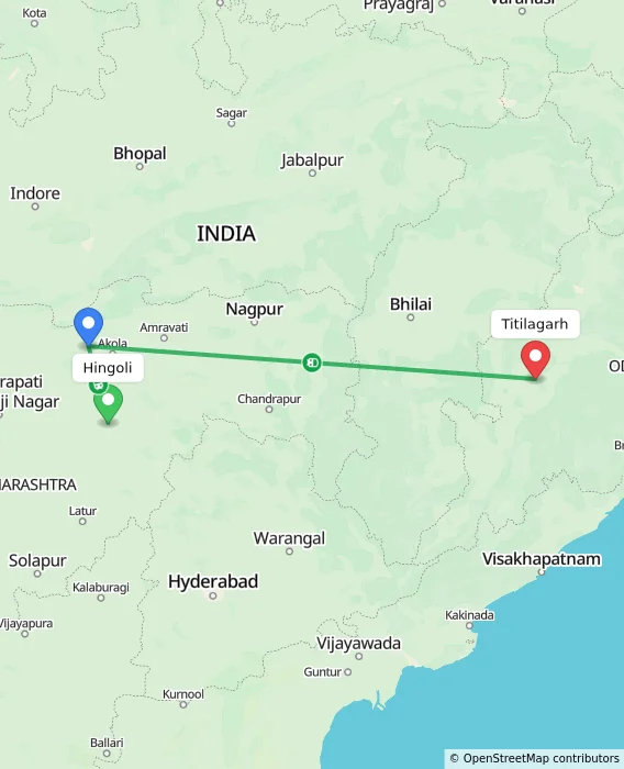 Route map showing distance and travel time from Hingoli, India to Titilagarh, India