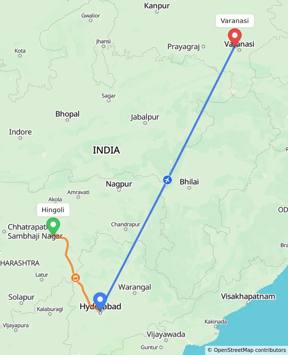 Route map showing distance and travel time from Hingoli, India to Varanasi, India
