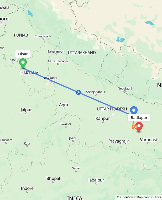 Route map showing distance and travel time from Hisar, India to Badlapur, India