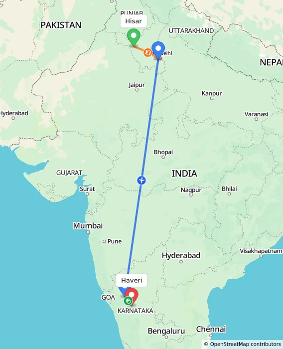 Route map showing distance and travel time from Hisar, India to Haveri, India