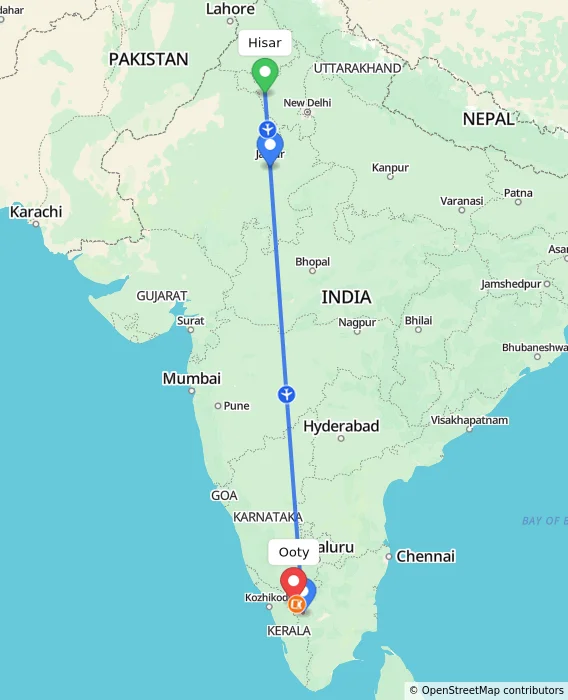 Route map showing distance and travel time from Hisar, India to Ooty, India