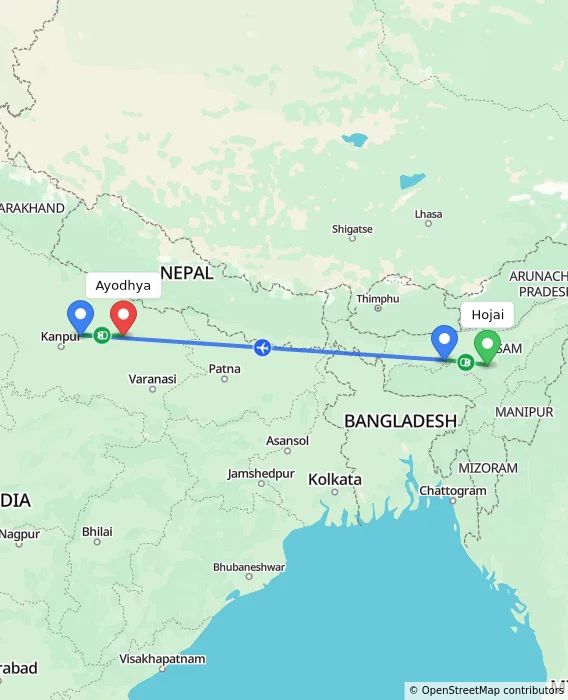 Route map showing distance and travel time from Hojai, India to Ayodhya, India