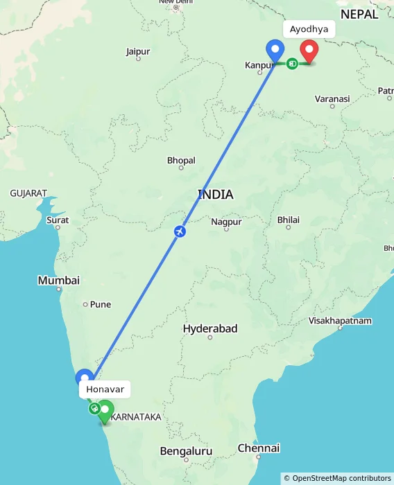 Route map showing distance and travel time from Honavar, India to Ayodhya, India