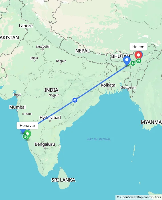 Route map showing distance and travel time from Honavar, India to Helem, India