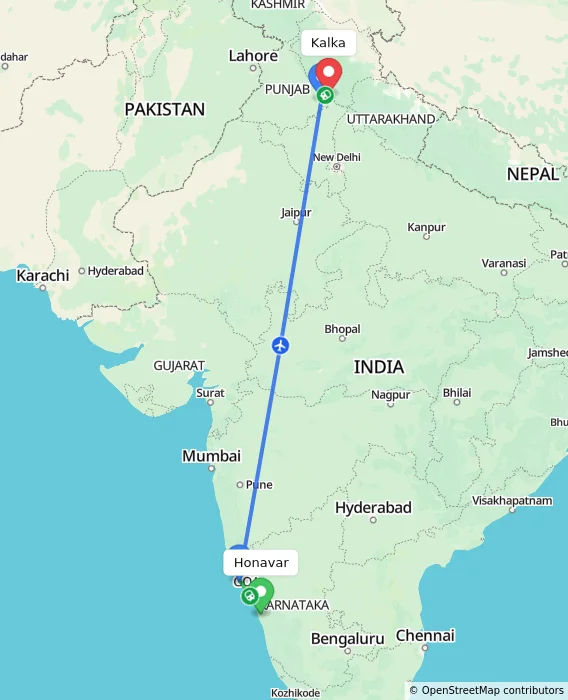 Route map showing distance and travel time from Honavar, India to Kalka, India