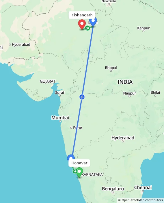 Route map showing distance and travel time from Honavar, India to Kishangarh, India