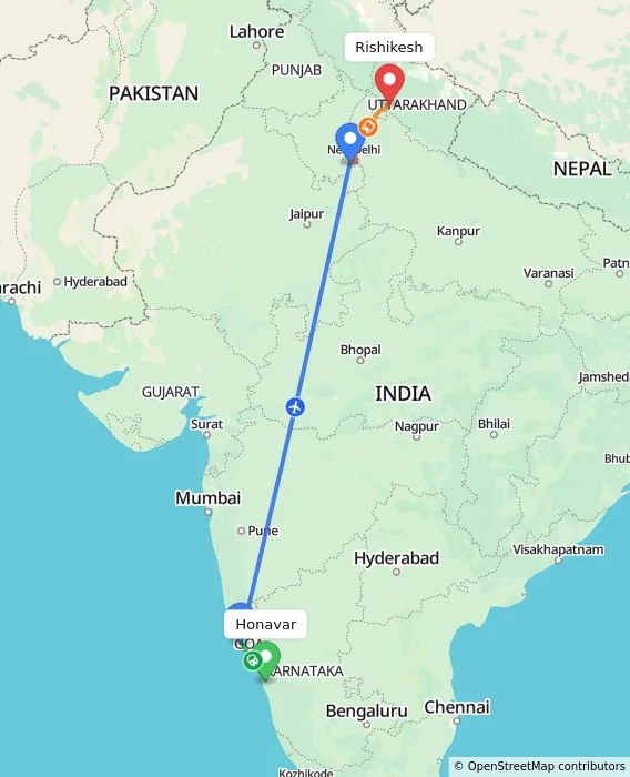 Route map showing distance and travel time from Honavar, India to Rishikesh, India