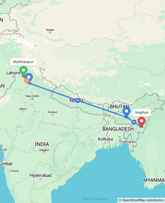 Route map showing distance and travel time from Hoshiarpur, India to Imphal, India