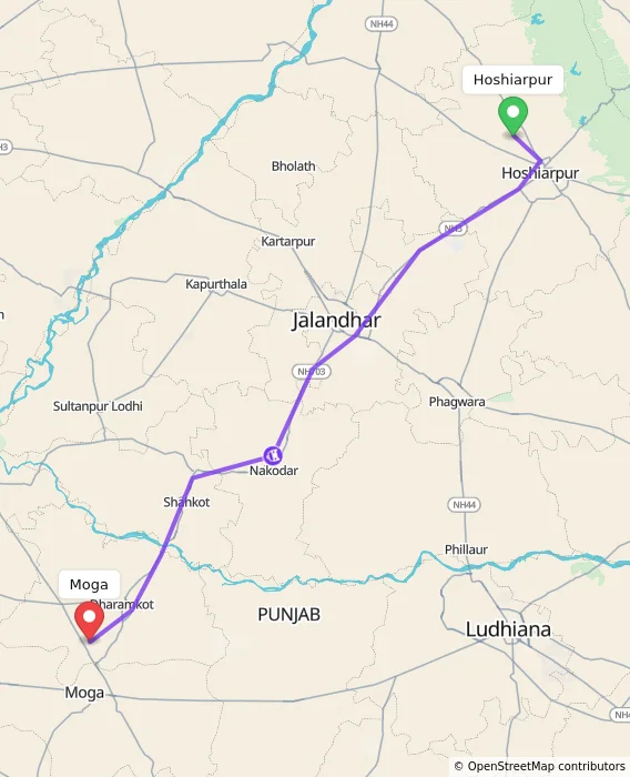 Route map showing distance and travel time from Hoshiarpur, India to Moga, India