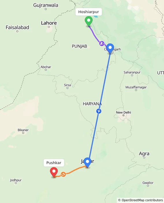 Route map showing distance and travel time from Hoshiarpur, India to Pushkar, India