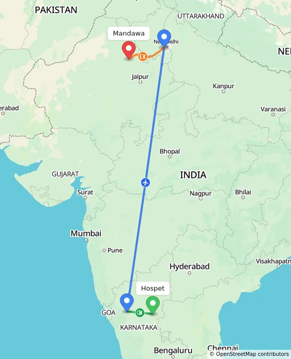 Route map showing distance and travel time from Hospet, India to Mandawa, India