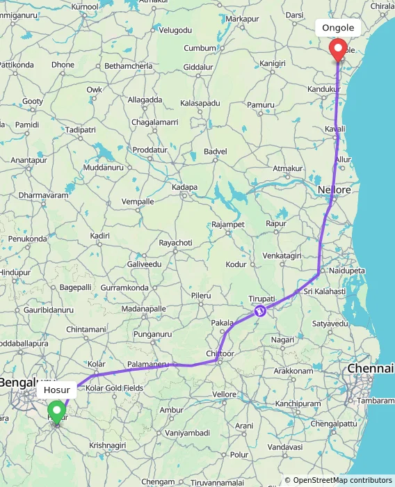 Route map showing distance and travel time from Hosur, India to Ongole, India
