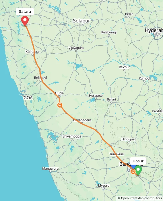 Route map showing distance and travel time from Hosur, India to Satara, India