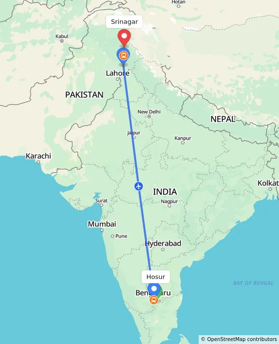 Route map showing distance and travel time from Hosur, India to Srinagar, India