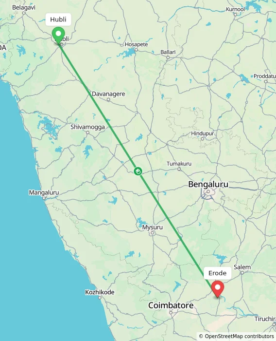 Route map showing distance and travel time from Hubli, India to Erode, India