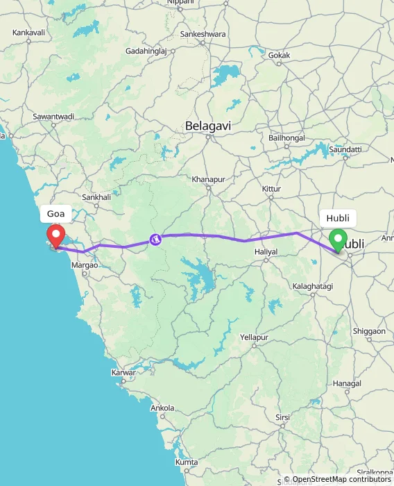 Route map showing distance and travel time from Hubli, India to Goa, India