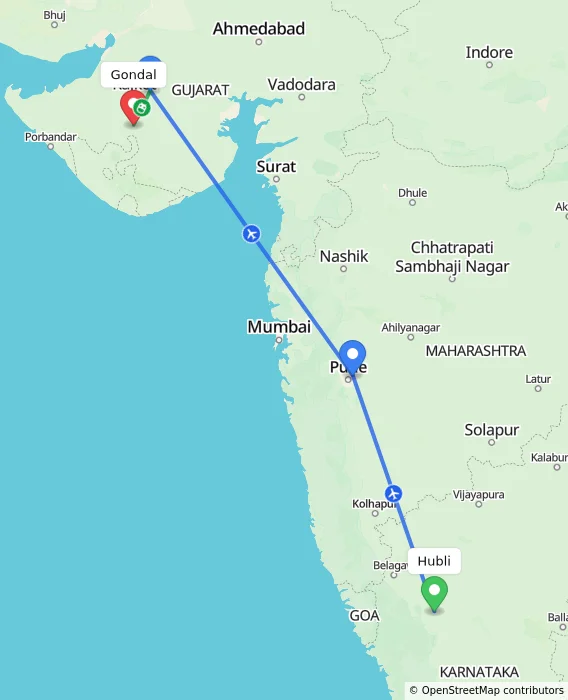 Route map showing distance and travel time from Hubli, India to Gondal, India