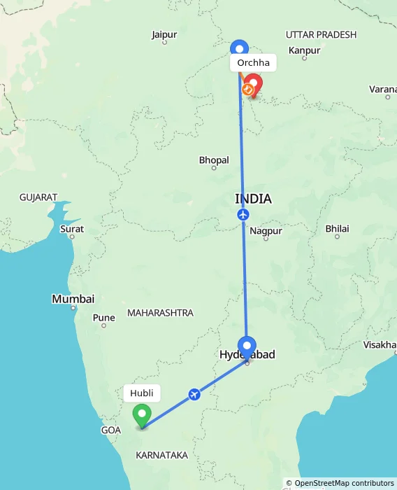 Route map showing distance and travel time from Hubli, India to Orchha, India