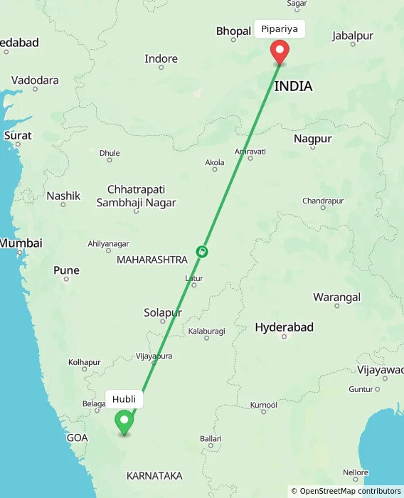 Route map showing distance and travel time from Hubli, India to Pipariya, India