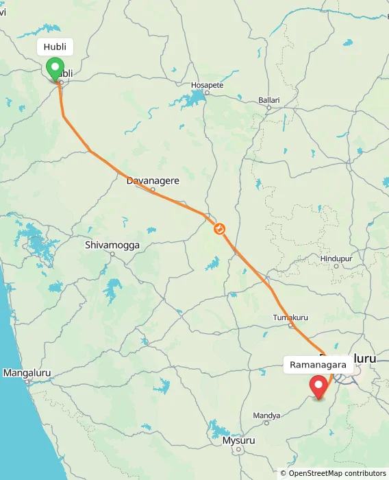 Route map showing distance and travel time from Hubli, India to Ramanagara, India