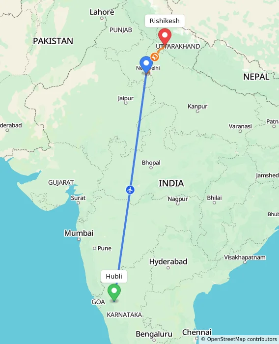 Route map showing distance and travel time from Hubli, India to Rishikesh, India
