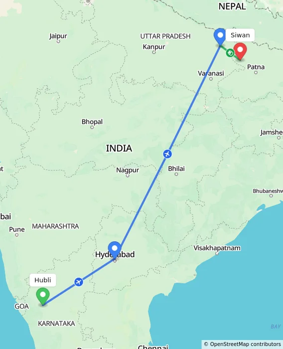 Route map showing distance and travel time from Hubli, India to Siwan, India