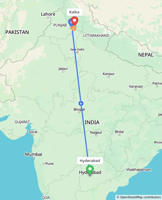 Route map showing distance and travel time from Hyderabad, India to Kalka, India