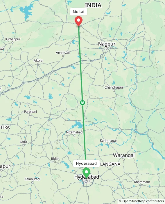 Route map showing distance and travel time from Hyderabad, India to Multai, India