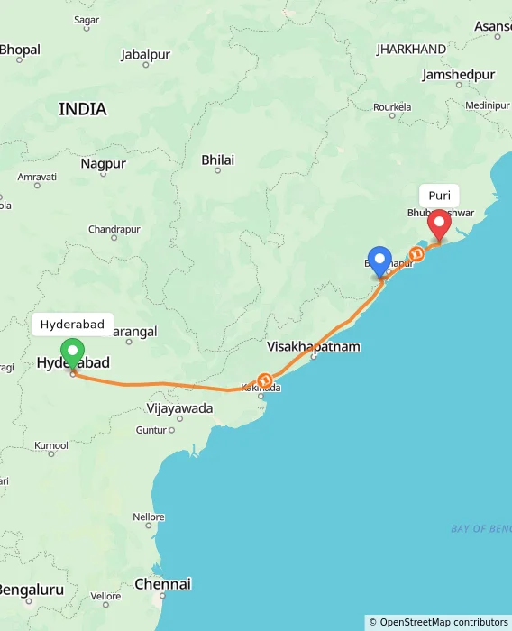 Route map showing distance and travel time from Hyderabad, India to Puri, India