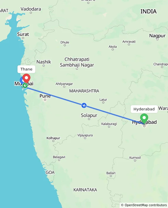 Route map showing distance and travel time from Hyderabad, India to Thane, India